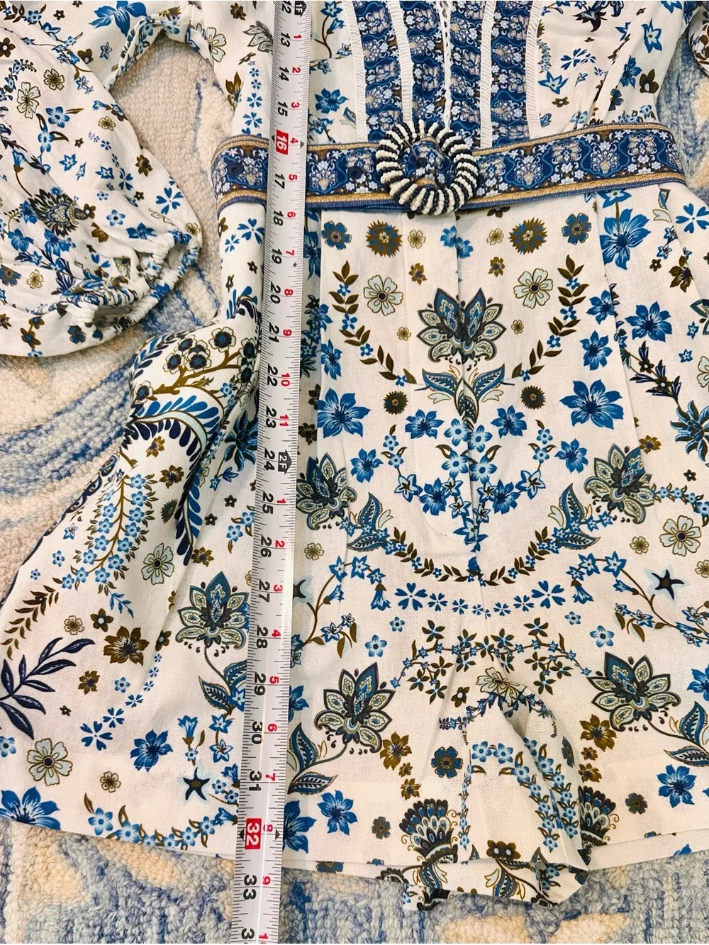 NWT Caroline Constas Romper M Linen Blnd Floral Palm White Blue Beaded Belt Chic